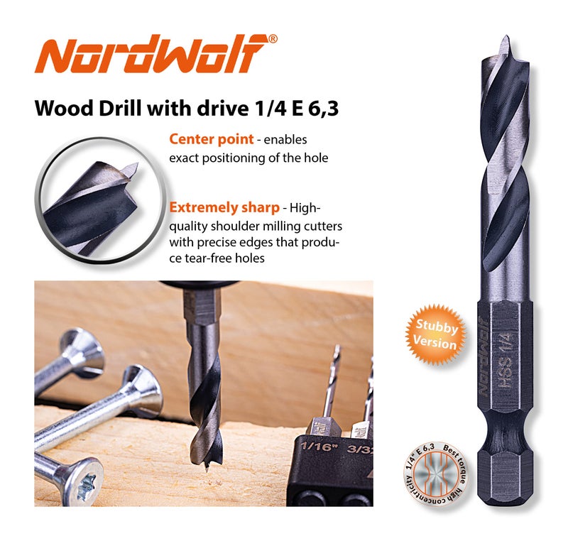 NordWolf 7-Piece HSS Brad Point Stubby Wood Drill Bit Set with 1/4"" Hex Shank for Carpenter Woodworking, SAE Sizes 1/16""-3/32""-1/8""-3/16""-1/4""-5/16""-3/8"" - Image 3